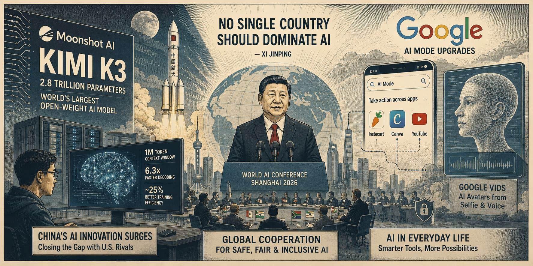 AI Race Boils Over: Moonshot Drops Kimi K3 (Open-Weight), Google Upgrades AI Mode, Xi Rejects Single-Country Dominance