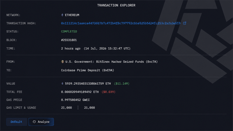 US Government Moves $12.36M in ETH and Stablecoins to Coinbase Following BTC Transfer