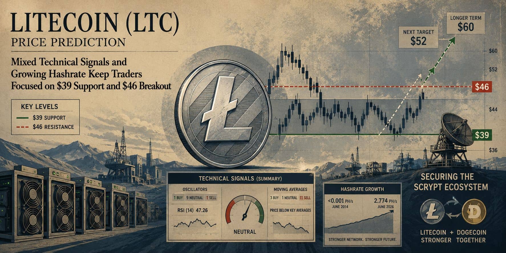Litecoin Price Alert: Mixed Signals and Rising Hashrate Put $39 Support and $46 Breakout in Focus