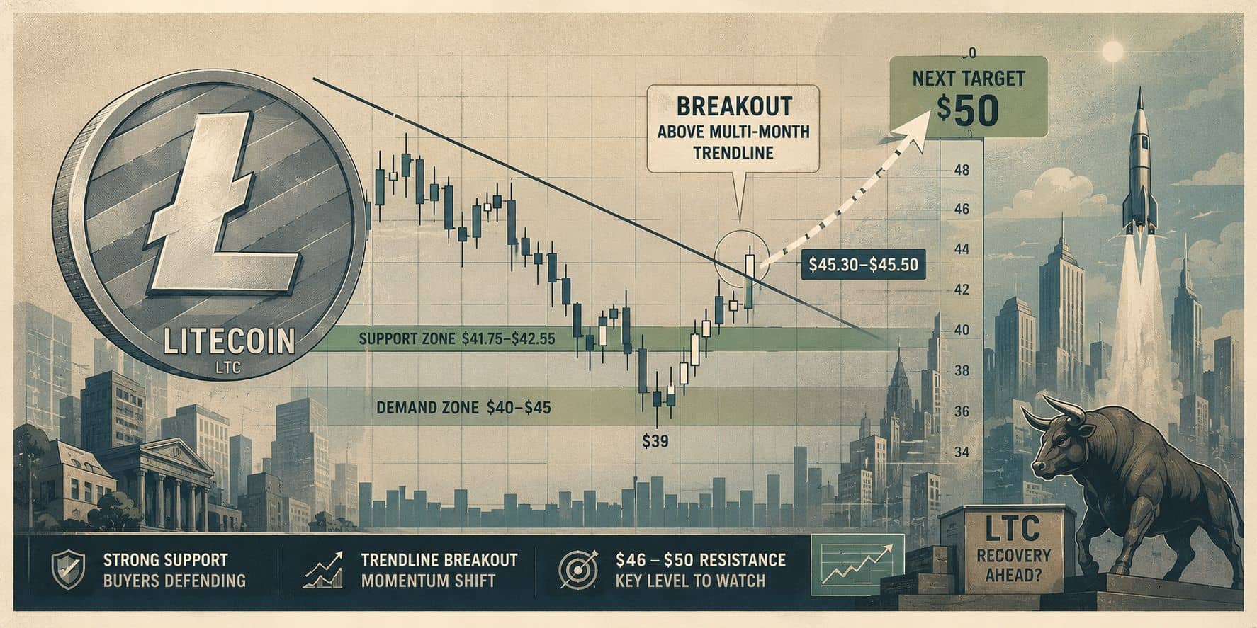 Litecoin (LTC) rompe tendência de queda e mira alvo de US$ 50: O que esperar?