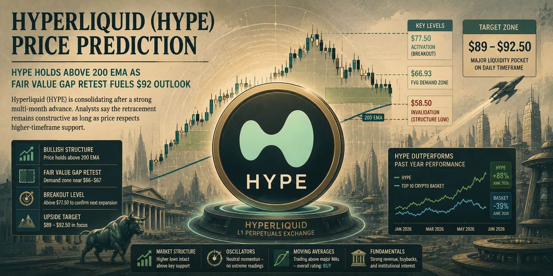 Hyperliquid (HYPE) Price Prediction: HYPE Holds Above 200 EMA as Fair Value Gap Retest Fuels $92 Outlook